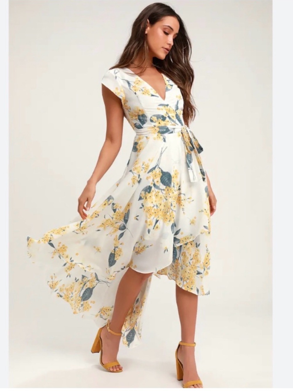 NWT Lulus French Countryside White & Yellow Floral Print High-Low Dress - Large